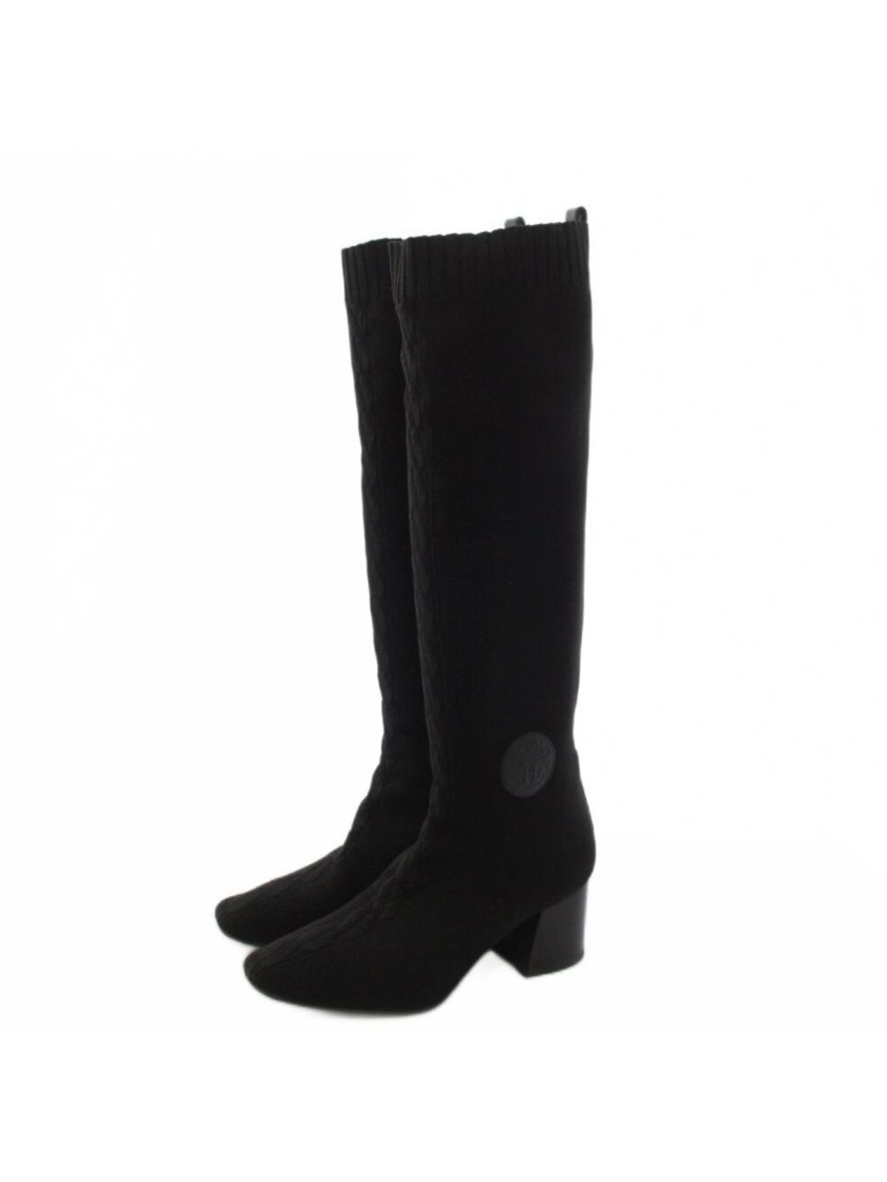 Hermes Fontaine Long Boots Knit Chunky Heel Black